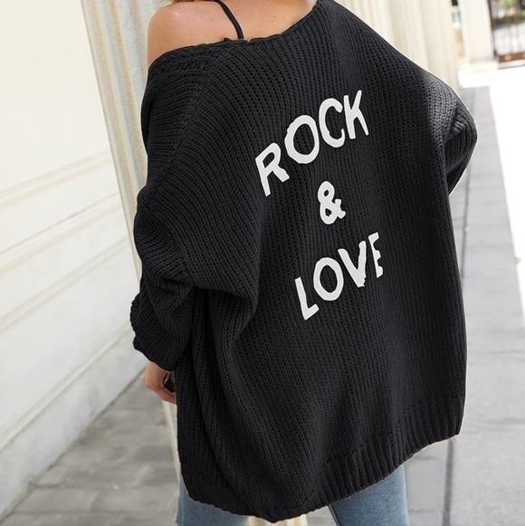 PrettyGarden Sweaters - NEW Pretty Garden Open Cardigan Knit "Rock & Love" Black Medium Sweater